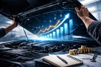 Autóértő fiatal szakember vizsgálja egy használt autó állapotát és lehetőségeket mutat.