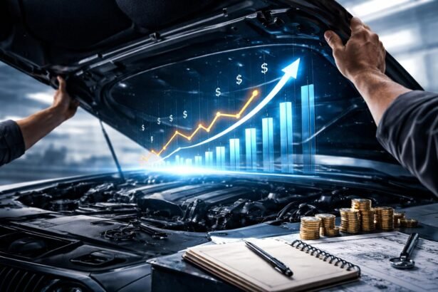 Autóértő fiatal szakember vizsgálja egy használt autó állapotát és lehetőségeket mutat.