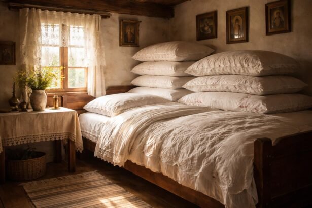 Régi ágyneműk kézzel készített részleteivel és családi történetekkel a mindennapokban