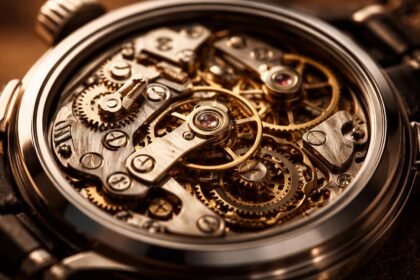 Részletkép egy karóra belső mechanizmusáról: rugó, fogaskerekek és rezgés kialakításáról.