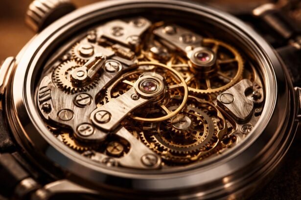 Részletkép egy karóra belső mechanizmusáról: rugó, fogaskerekek és rezgés kialakításáról.