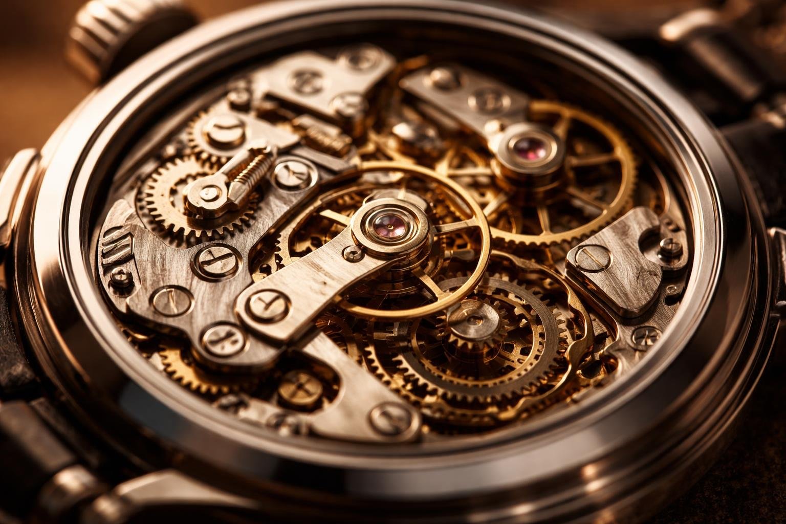 Részletkép egy karóra belső mechanizmusáról: rugó, fogaskerekek és rezgés kialakításáról.