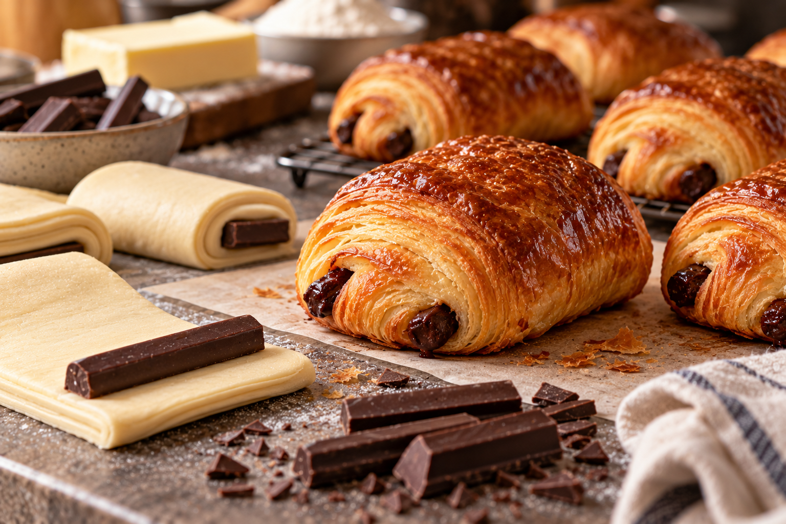 A francia pékségek egyik legismertebb terméke a pain au chocolat: vajas, réteges tészta, amelynek belsejében csokoládé található. Otthoni készítéskor gyakran felmerül, miért nem ugyanazt az eredményt adja egy egyszerűen eltördelt csokoládétábla, mint a pékségben használt, keskeny csokoládérúd. A különbség nem valamiféle titkos adalékban keresendő önmagában, hanem a termék célzott kialakításában és a teljes sütési folyamatban.